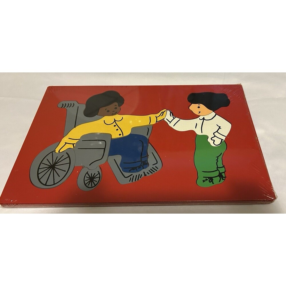 Wooden Inlay Tray Preschool Puzzle People Holding Hands Wheelchair Red